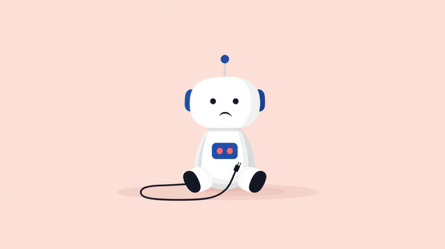 Sad, lonely robot sitting on floor feeling unplugged and disconnected. cute flat illustration of technology problem or character burnout