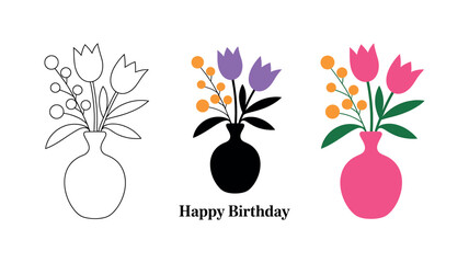 A bouquet of tulips in a vase with the words "Happy Birthday" underneath.