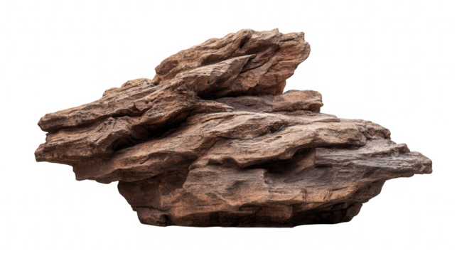 Close up of a jagged brown rock isolated on transparent background, a natural and rugged geological formation