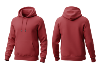 vibrant cherry red blank heavy-weight cotton fleece hoodie mockup, front and mirror back views shown side-by-side, sharp detail and texture on white background. concept for digital product