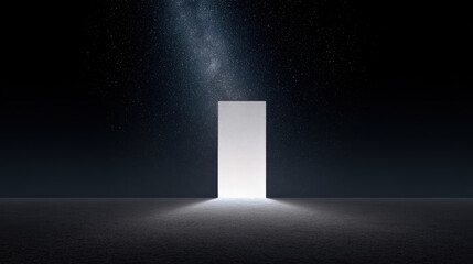 Single simple doorway opening into vast starry cosmos. mysterious glowing portal in dark room represents new beginning and opportunity