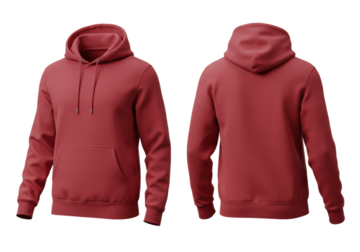 vibrant cherry red blank heavy-weight cotton fleece hoodie mockup, front and mirror back views shown side-by-side, sharp detail and texture on white background. concept for digital product