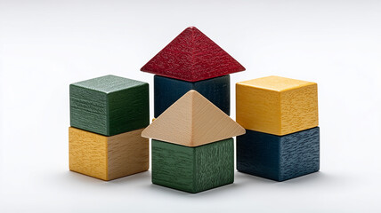 Business growth and strategy concept shown as stacked wooden building blocks forming simple house shapes, symbolizing planning, structure and solid foundations for future development.
