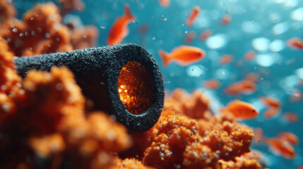 Damaged fiber optic cable underwater on vibrant coral reef. snapped glowing cable creates disruption in ocean with swimming fish nearby