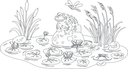 Frog on a Rock in a Pond with Water Lilies and Dragonfly | Black and White Line Art Illustration for Coloring Books and Educational Materials