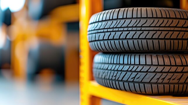 Tires displayed on a bright yellow shelf in a car workshop setting, inviting a closer look at automotive quality and design features