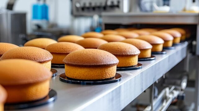 Golden-brown sponge cakes moving along a conveyor belt in a large-scale bakery or industrial food production facility.