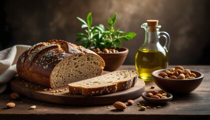 Freshly baked sourdough bread with crispy crust in sunlight high resolution photo