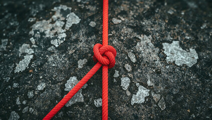 Red rope knot resting against textured rock