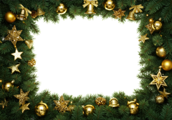 detailed emerald pine and fir garland border, decorated with glittering gold spheres, stars, and bells, isolated on white with large central copy space, sharp focus. Elegant christmas and new year