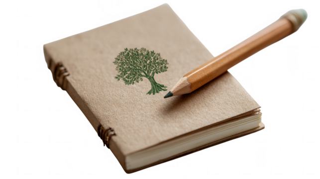 A pencil rests on a closed notebook with a tree symbol isolated on transparent background, inviting creativity and reflection