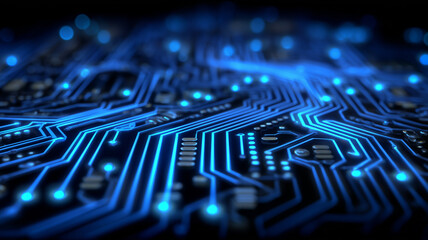 Intricate circuit board pattern with illuminated paths, symbolizing digital data routes secure connectivity and the complex networks that support information exchange.
