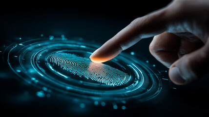 Advanced biometric authentication represented by a human finger verifying a digital fingerprint on a futuristic security interface, symbolizing trusted identity verification and secure system access.
