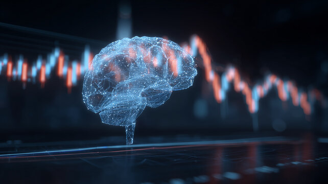 Holographic brain made of data connections in front of financial charts, symbolizing artificial intelligence driven trading and predictive analytics in global markets.
