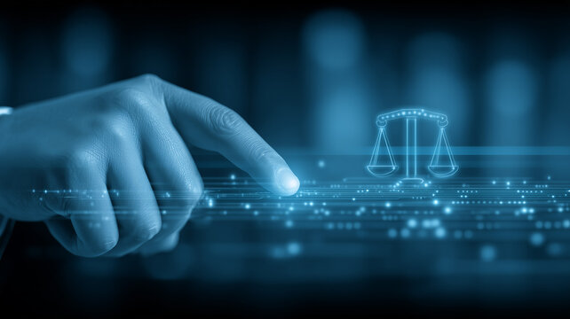 Digital justice system represented by a human hand activating a holographic scale of law over a data stream, symbolizing modern legal services, online rights protection and regulatory compliance.
