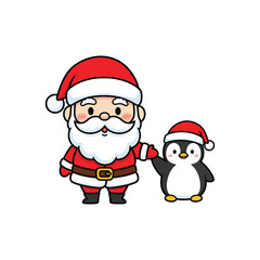 Cute cartoon santa claus and penguin isolated on