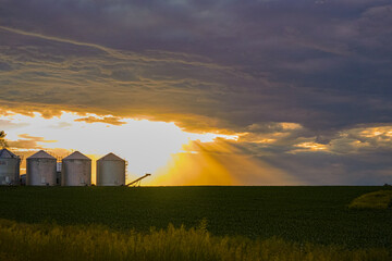 Sun Rays Shining Through Clouds Behind Grain Bins © Brandi