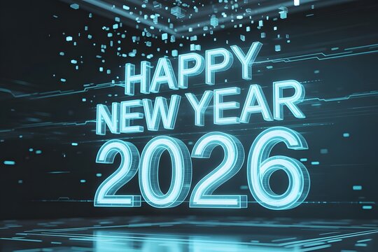Happy New Year 2026 glowing blue text celebration future