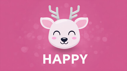 Cute happy reindeer character illustration. Pink animal face for holiday greeting card, expressing joy and pure happiness