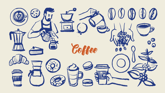 Hand drawn vintage coffee set. Cafe menu and packaging design. Whimsical sketch vector illustration.