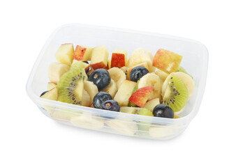 Tasty fruit salad in plastic container isolated on white. Healthy snack