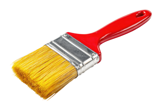 Close-up of a paintbrush, angled, with a red handle and yellow bristles.  Metal ferrule visible