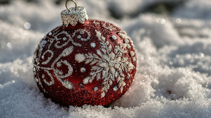 Festive red christmas ornament ball decoration with white snowflake and glitter sits on cold winter snow for merry holiday celebration