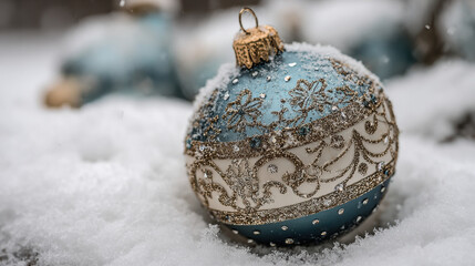 Serene blue christmas ornament decoration laying in white winter snow. festive holiday ball perfect for quiet, cold celebration