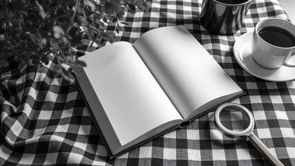 Open book rests on checkered tablecloth, surrounded by cup of coffee, magnifying glass, and potted plant, creating cozy reading atmosphere