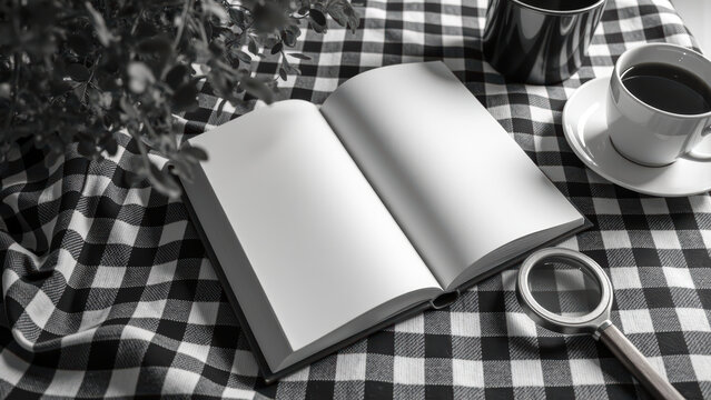 Open book rests on checkered tablecloth, surrounded by cup of coffee, magnifying glass, and potted plant, creating cozy reading atmosphere