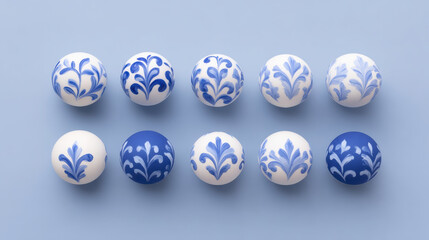 Elegant flat lay of traditional blue and white ceramic beads with delicate floral pattern. serene overhead view of classic porcelain collection