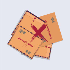A clean and modern vector illustration featuring several brown job application and curriculum vitae envelopes arranged in a layered layout. Job application rejected concept