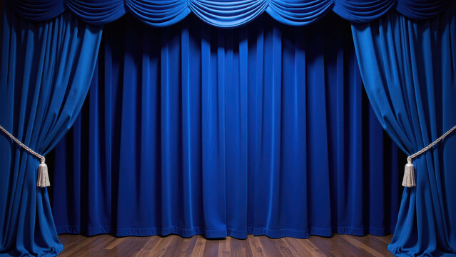 Luxurious blue curtain drapes with elegant tassels, creating dramatic stage backdrop. Perfect for theatrical performances or events