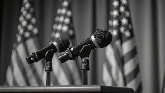 Microphones stand ready for speech, framed by American flags in background, creating formal atmosphere for public speaking