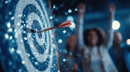 Arrow hits bullseye on target for business success. happy team celebrates winning achievement, reaching goal with perfect accuracy