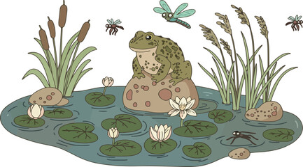 Cartoon Frog Sitting on Rock in Pond with Water Lilies and Dragonflies | Hand-drawn Illustration for Children's Books, Educational Material, and Nature-Themed Designs