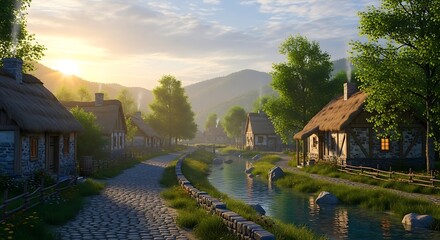 Peaceful village nestled by a flowing river with cobblestone paths and thatched-roof cottages under a warm sunrise