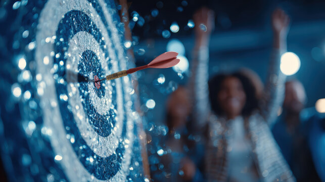 Arrow hits bullseye on target for business success. happy team celebrates winning achievement, reaching goal with perfect accuracy