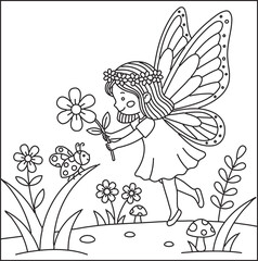 a tiny fairy with butterfly wings, giving a flower to a small ladybug hand hand-drawn vector coloring page