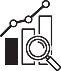 Business data analytics icon showing a magnifying glass over a bar chart and line graph indicating growth, analysis, and research isolated on white background, Vector, illustration