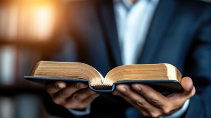 Holding sacred beliefs close in faith with a man in a suit against a warm blurred background