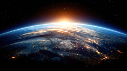 Fototapeta premium A breathtaking view of Earth from space, showcasing the planet's curvature, atmospheric glow, and city lights at night with a sunrise in the background.