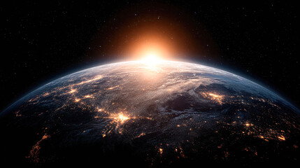 Fototapeta premium A stunning view of Earth from space, highlighting a sunrise over the horizon, with twinkling city lights visible across the surface.