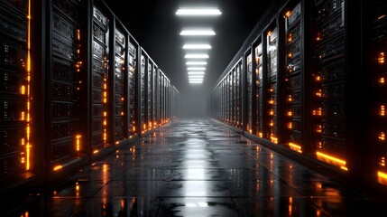 3D render of modern server racks in dark tech room. Concept: modern data center, Internet of Things, digital data flow, network infrastructure, high-tech server environment, futuristic technology, vis