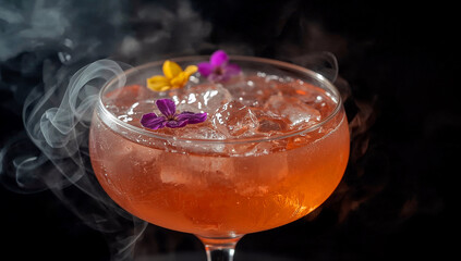 Close up cocktail with edible flowers and mist