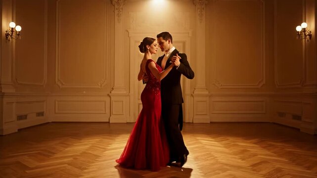 A couple dances intimately in a large, ornate ballroom, bathed in warm light. The woman wears a red gown, and the man a tuxedo