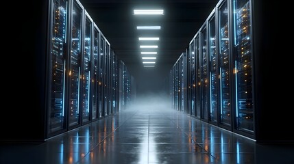 3D render of modern server racks in dark tech room. Concept: modern data center, Internet of Things, digital data flow, network infrastructure, high-tech server environment, futuristic technology, vis
