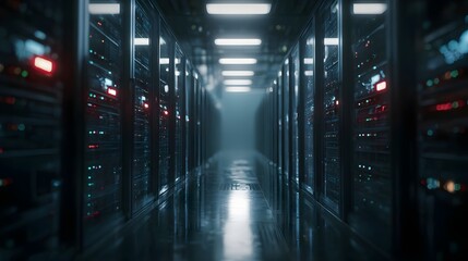 3D render of modern server racks in dark tech room. Concept: modern data center, Internet of Things, digital data flow, network infrastructure, high-tech server environment, futuristic technology, vis