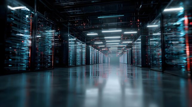 3D render of modern server racks in dark tech room. Concept: modern data center, Internet of Things, digital data flow, network infrastructure, high-tech server environment, futuristic technology, vis - Powered by Adobe