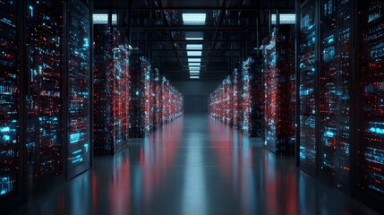 3D render of modern server racks in dark tech room. Concept: modern data center, Internet of Things, digital data flow, network infrastructure, high-tech server environment, futuristic technology, vis